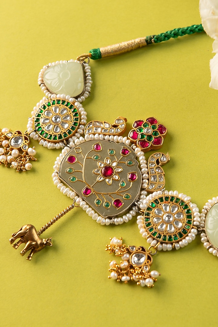 White Finish Kundan Polki & Jade Temple Choker Necklace In Sterling Silver by Mero at Pernia's Pop Up Shop