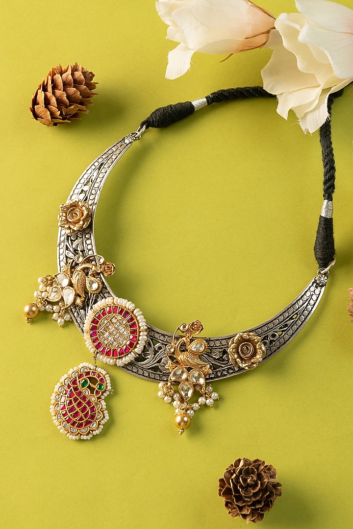 White Finish Kundan Polki & Pearl Temple Necklace In Sterling Silver by Mero at Pernia's Pop Up Shop