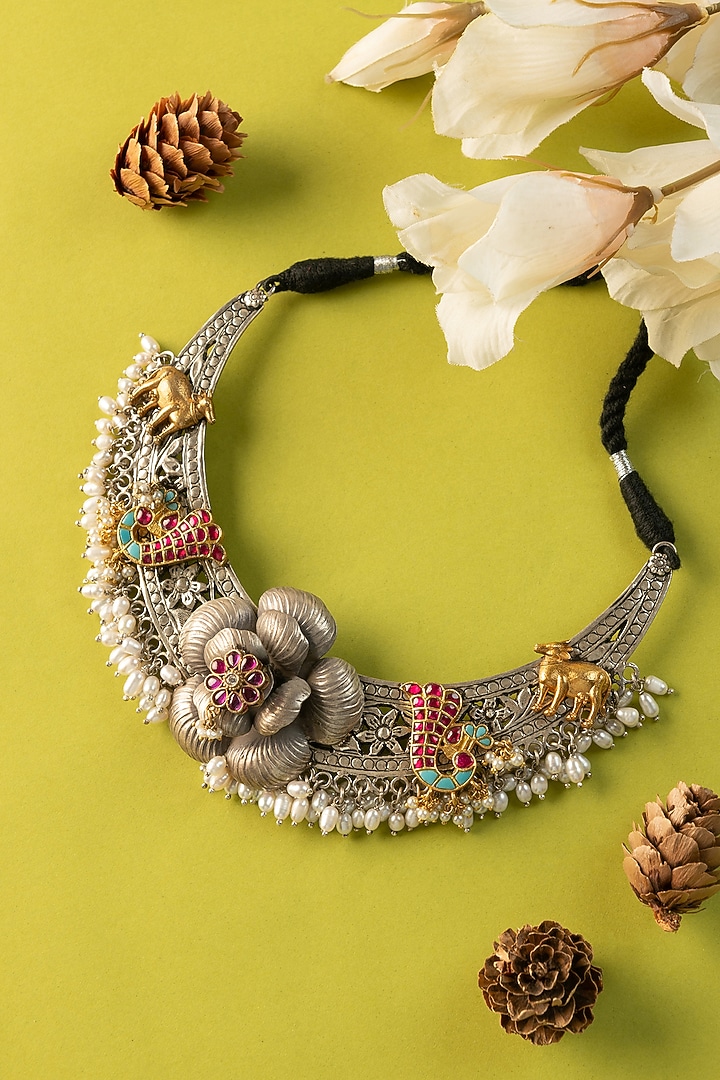 White Finish Kundan Polki & Pearl Temple Necklace In Sterling Silver by Mero at Pernia's Pop Up Shop