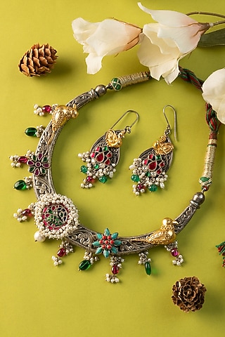 White Finish Kundan Polki & Pearl Temple Necklace Set In Sterling Silver by Mero