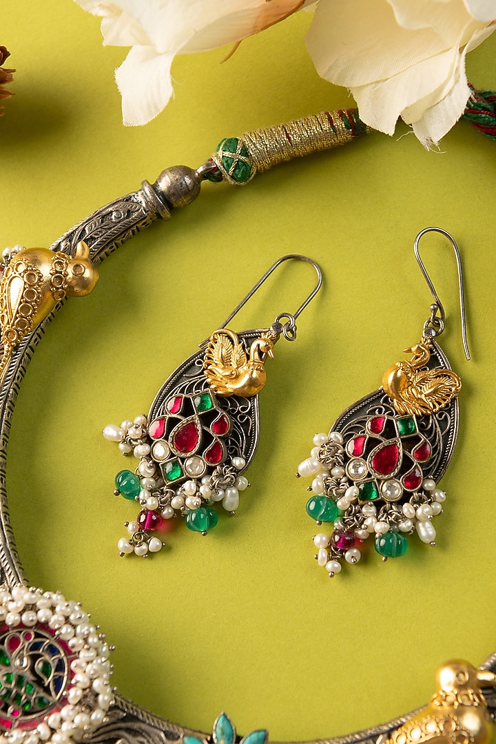 White Finish Kundan Polki & Pearl Temple Necklace Set In Sterling Silver by Mero at Pernia's Pop Up Shop