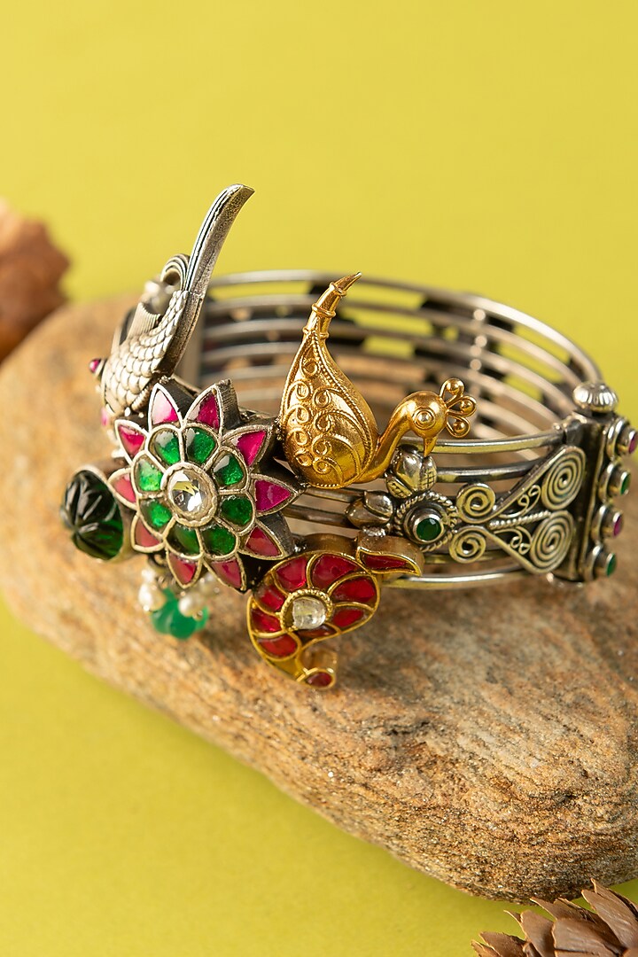 Two-Tone Finish Kundan Polki Temple Kada In Sterling Silver (Set Of 2) by Mero at Pernia's Pop Up Shop