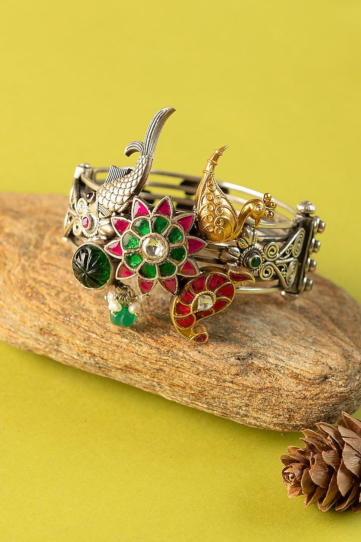 Two-Tone Finish Kundan Polki Temple Kada In Sterling Silver (Set Of 2) by Mero at Pernia's Pop Up Shop