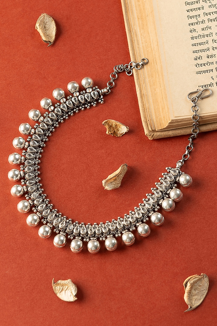 White Finish CZ Stone & Beaded Temple Necklace In Sterling Silver by Mero at Pernia's Pop Up Shop