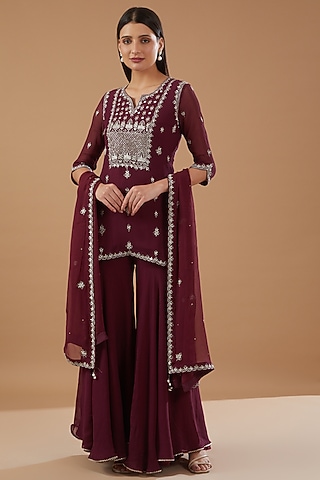Wine Georgette Hand Embroidered Kurta Set by MERAKI BY POONAM SSANYAA