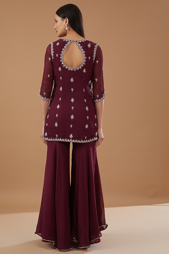 Wine Georgette Hand Embroidered Kurta Set by MERAKI BY POONAM SSANYAA at Pernia's Pop Up Shop
