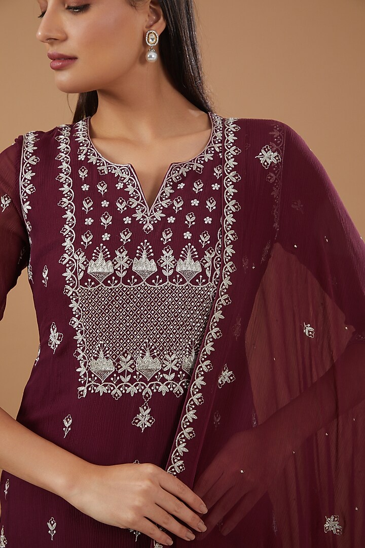 Wine Georgette Hand Embroidered Kurta Set by MERAKI BY POONAM SSANYAA at Pernia's Pop Up Shop