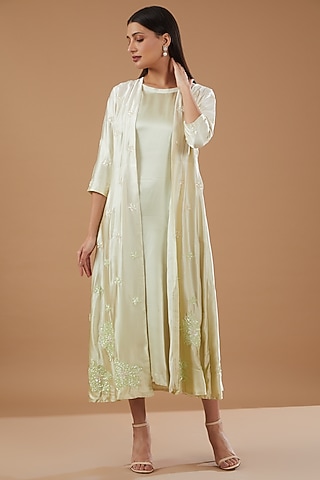 Green Satin Hand Embroidered Jacket Dress by MERAKI BY POONAM SSANYAA