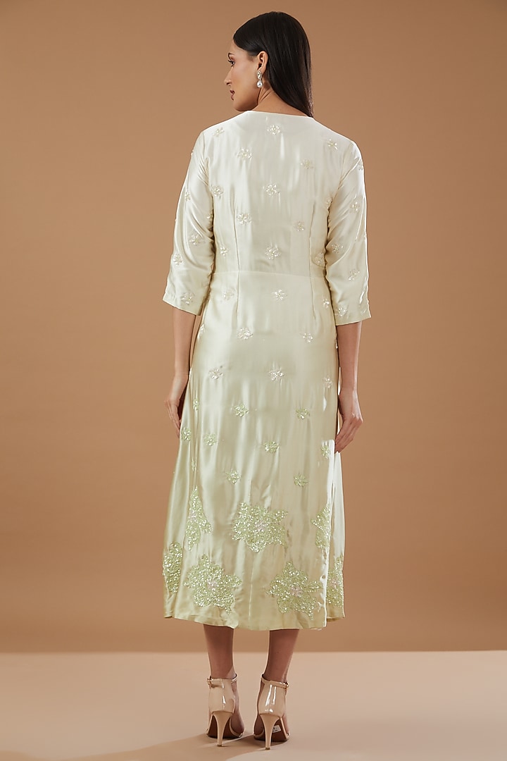 Green Satin Hand Embroidered Jacket Vacation Dress by MERAKI BY POONAM SSANYAA at Pernia's Pop Up Shop