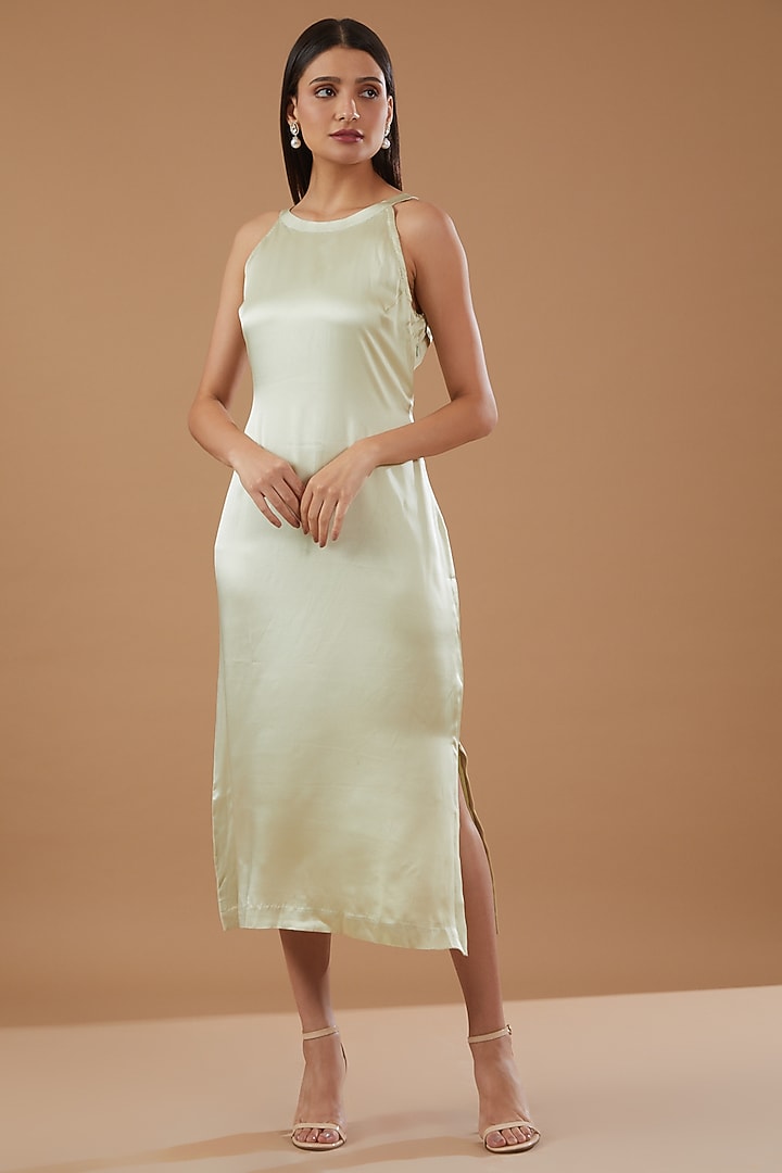 Green Satin Hand Embroidered Jacket Vacation Dress by MERAKI BY POONAM SSANYAA at Pernia's Pop Up Shop