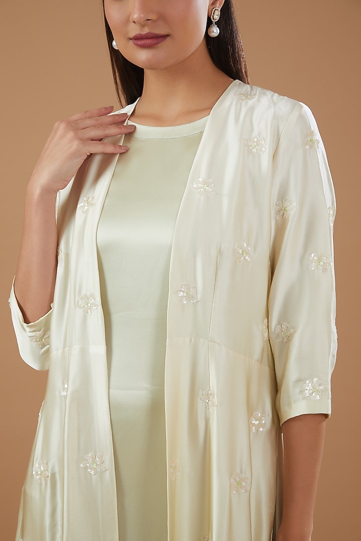 Green Satin Hand Embroidered Jacket Vacation Dress by MERAKI BY POONAM SSANYAA at Pernia's Pop Up Shop