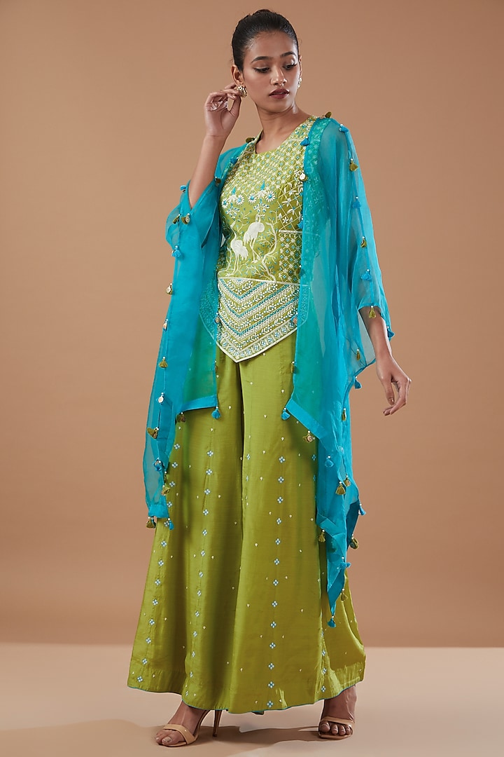 Green Muslin Embroidered Sharara Set by MERAKI BY POONAM SSANYAA