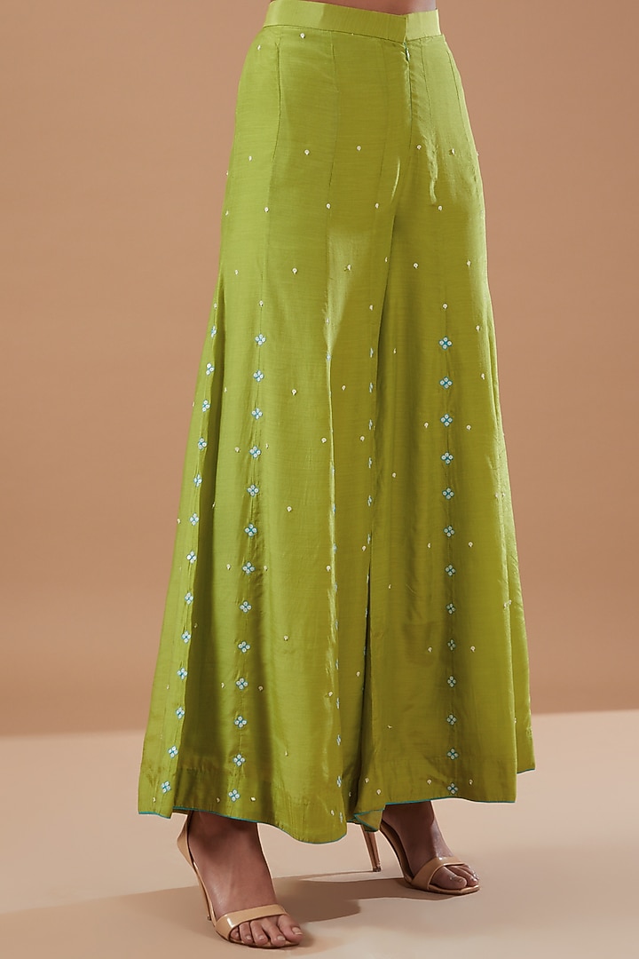 Green Muslin Embroidered Wedding Sharara Set by MERAKI BY POONAM SSANYAA at Pernia's Pop Up Shop