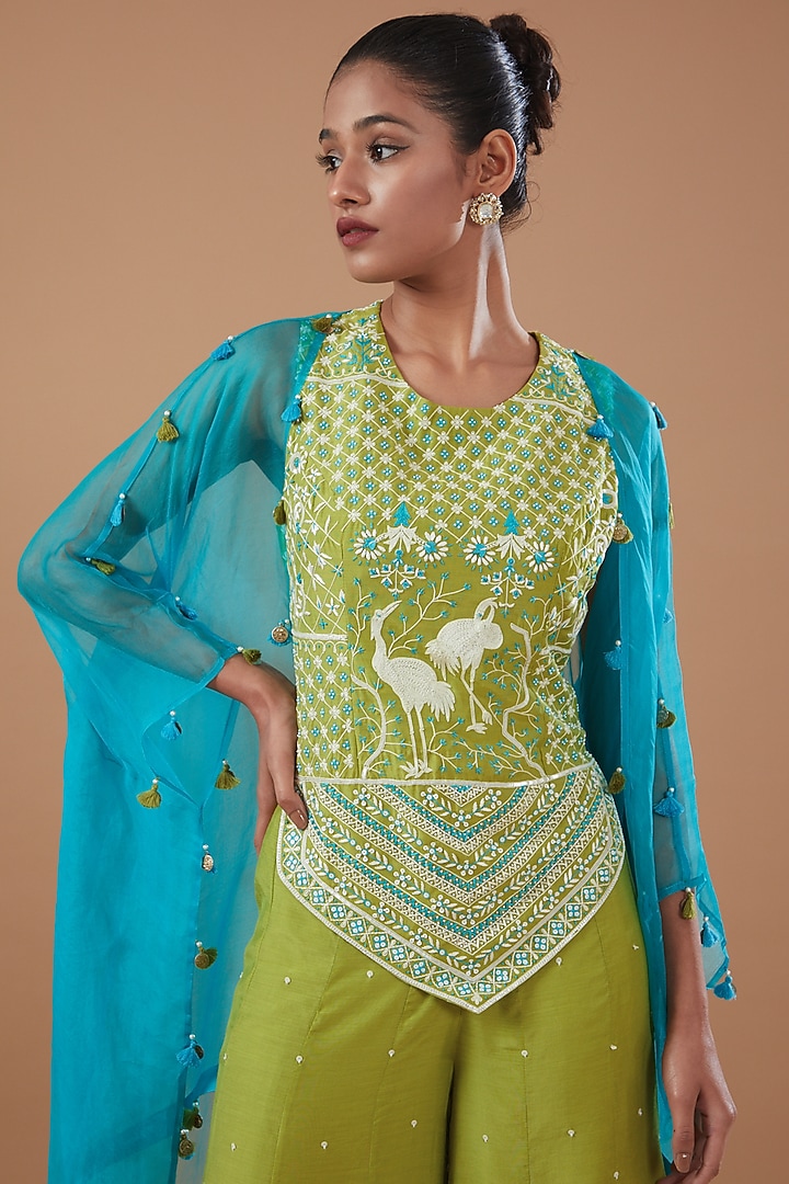 Green Muslin Embroidered Wedding Sharara Set by MERAKI BY POONAM SSANYAA at Pernia's Pop Up Shop