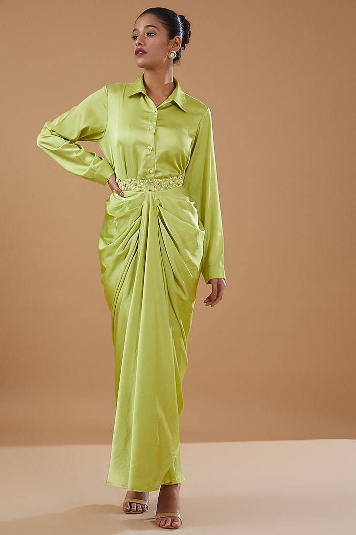 Green Imported Crepe Embroidered Draped Skirt Set by MERAKI BY POONAM SSANYAA