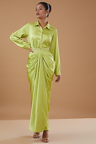 Green Imported Crepe Embroidered Draped Skirt Set by MERAKI BY POONAM SSANYAA