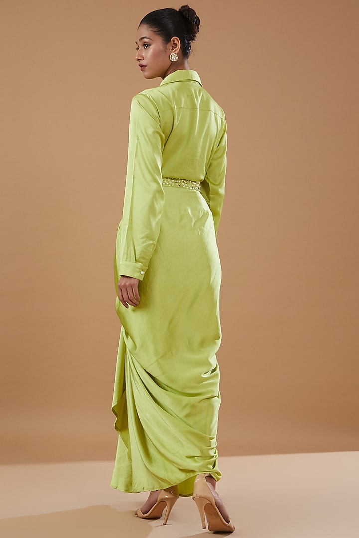 Green Imported Crepe Embroidered Draped Skirt Set by MERAKI BY POONAM SSANYAA at Pernia's Pop Up Shop