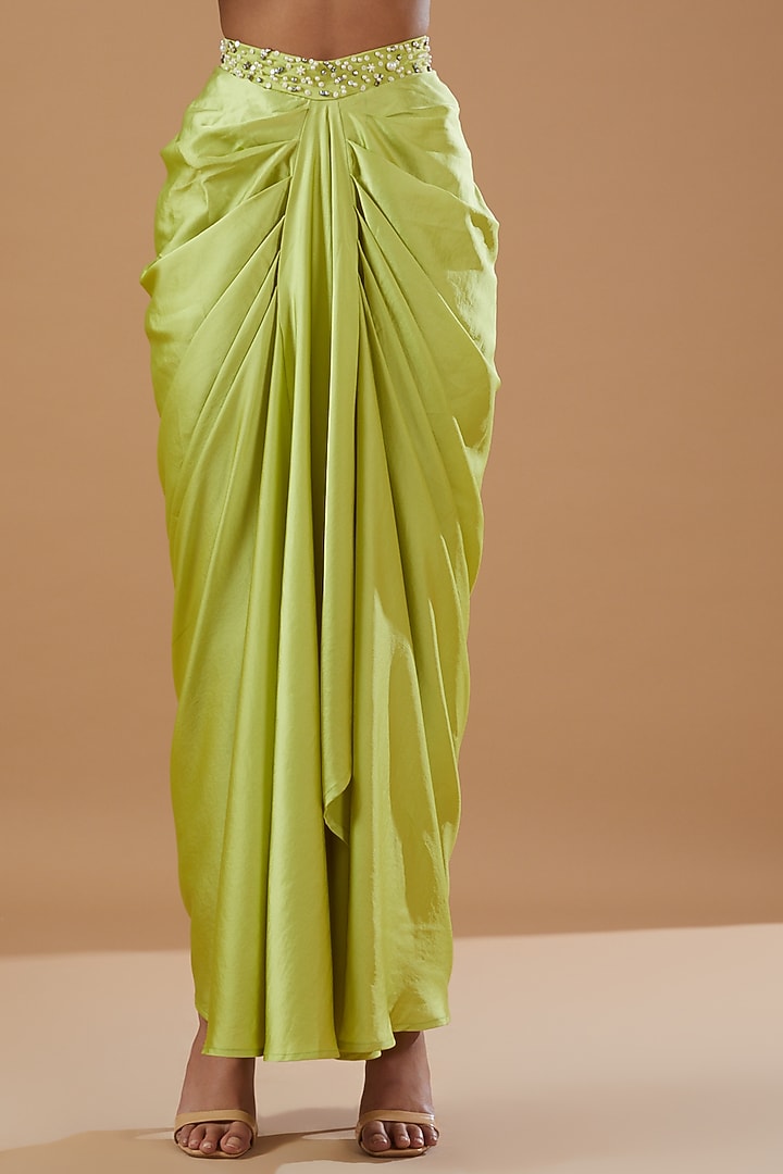 Green Imported Crepe Embroidered Draped Skirt Set by MERAKI BY POONAM SSANYAA at Pernia's Pop Up Shop