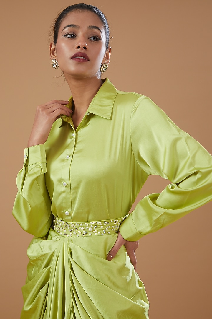 Green Imported Crepe Embroidered Draped Skirt Set by MERAKI BY POONAM SSANYAA at Pernia's Pop Up Shop
