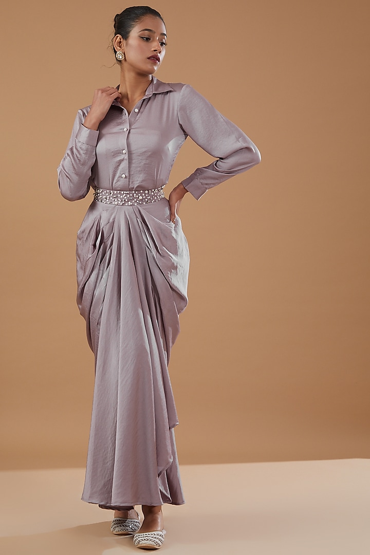 Purple Imported Crepe Embroidered Draped Skirt Set by MERAKI BY POONAM SSANYAA at Pernia's Pop Up Shop