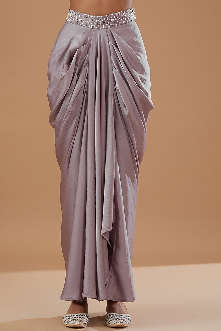 Purple Imported Crepe Embroidered Draped Skirt Set by MERAKI BY POONAM SSANYAA at Pernia's Pop Up Shop