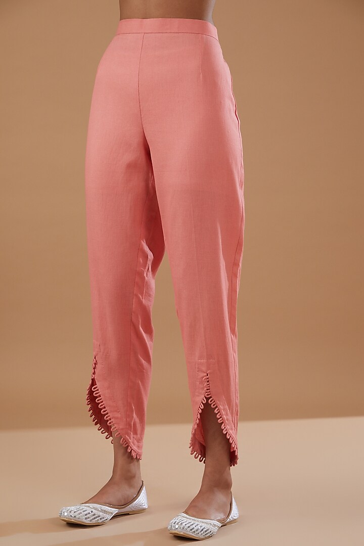 Peach Linen Embroidered Kurta Set by MERAKI BY POONAM SSANYAA at Pernia's Pop Up Shop