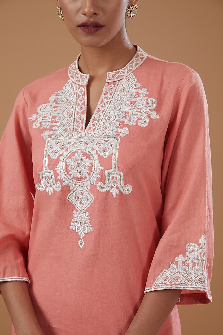 Peach Linen Embroidered Kurta Set by MERAKI BY POONAM SSANYAA at Pernia's Pop Up Shop