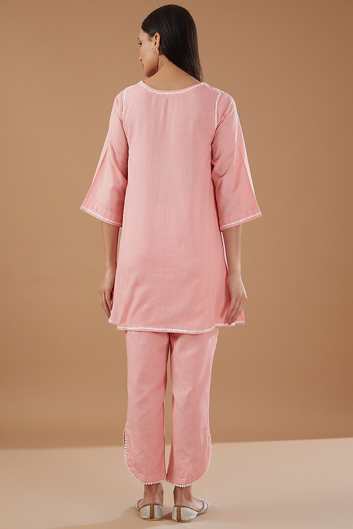 Pink Linen Embroidered Kurta Set by MERAKI BY POONAM SSANYAA at Pernia's Pop Up Shop
