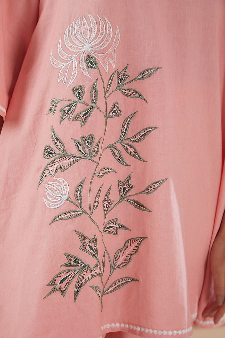 Pink Linen Embroidered Kurta Set by MERAKI BY POONAM SSANYAA at Pernia's Pop Up Shop