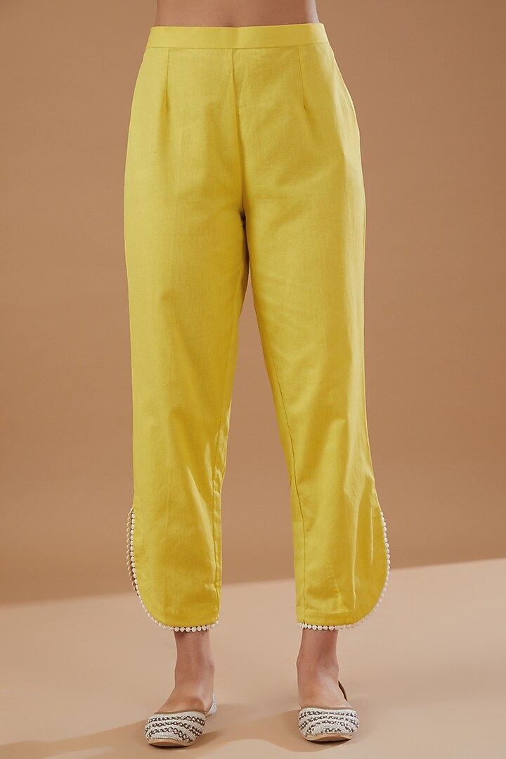 Yellow Linen Embroidered Kurta Set by MERAKI BY POONAM SSANYAA at Pernia's Pop Up Shop