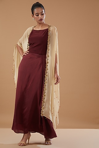 Wine Crepe Embroidered Shrug Set by MERAKI BY POONAM SSANYAA