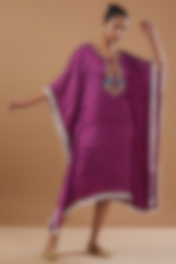 Purple Crepe Hand Embroidered Kaftan Dress by MERAKI BY POONAM SSANYAA at Pernia's Pop Up Shop