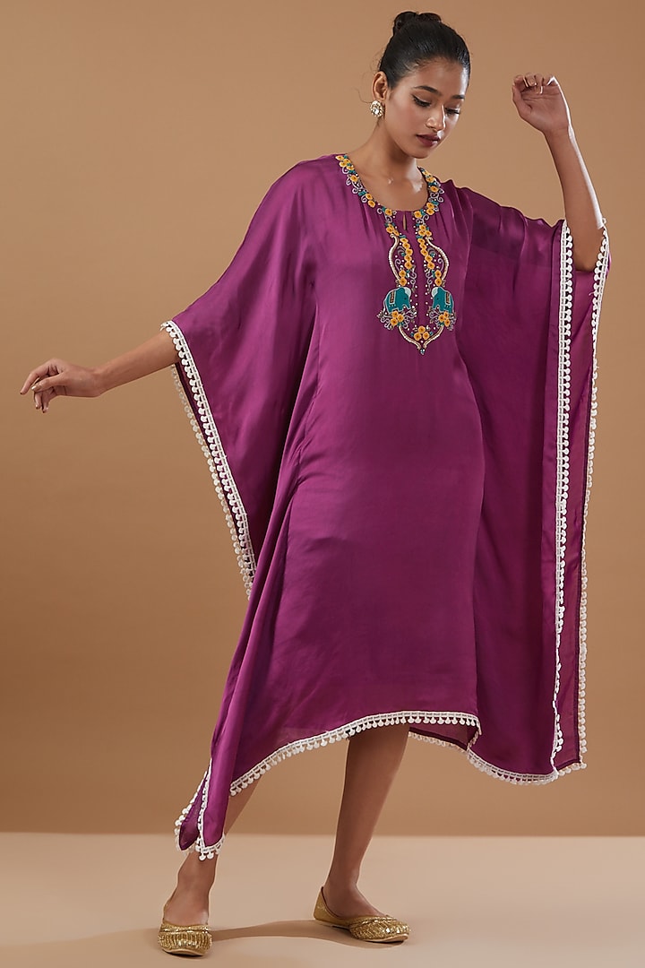 Purple Crepe Hand Embroidered Kaftan Dress by MERAKI BY POONAM SSANYAA