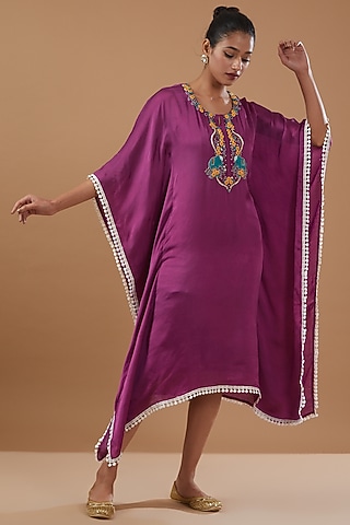 Purple Crepe Hand Embroidered Kaftan Dress by MERAKI BY POONAM SSANYAA
