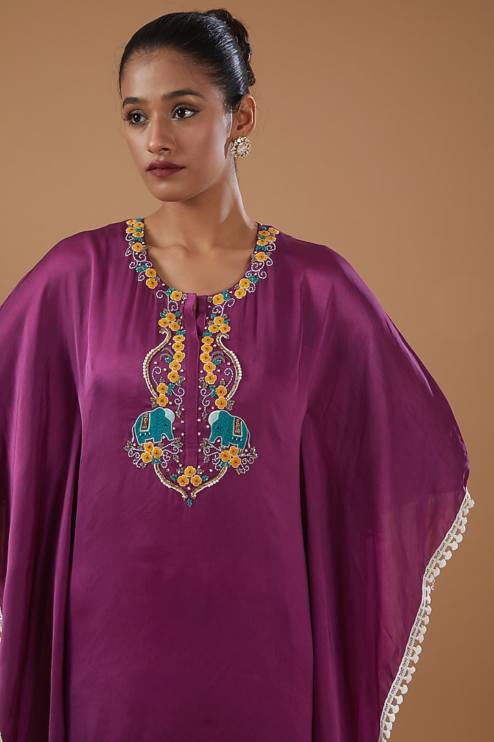 Purple Crepe Hand Embroidered Kaftan Summer Dress by MERAKI BY POONAM SSANYAA at Pernia's Pop Up Shop