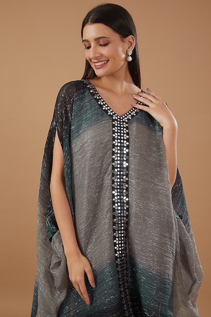 Grey & Midnight Blue Chiffon Embroidered Kaftan Set by MERAKI BY POONAM SSANYAA at Pernia's Pop Up Shop