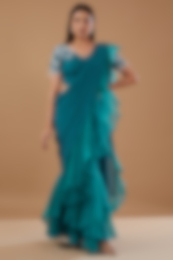 Blue Shimmer & Georgette Frilled Draped Saree Set by MERAKI BY POONAM SSANYAA