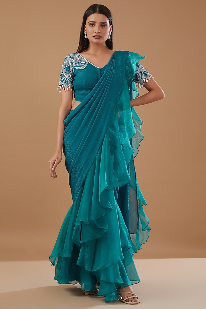 Blue Shimmer & Georgette Frilled Draped Saree Set by MERAKI BY POONAM SSANYAA