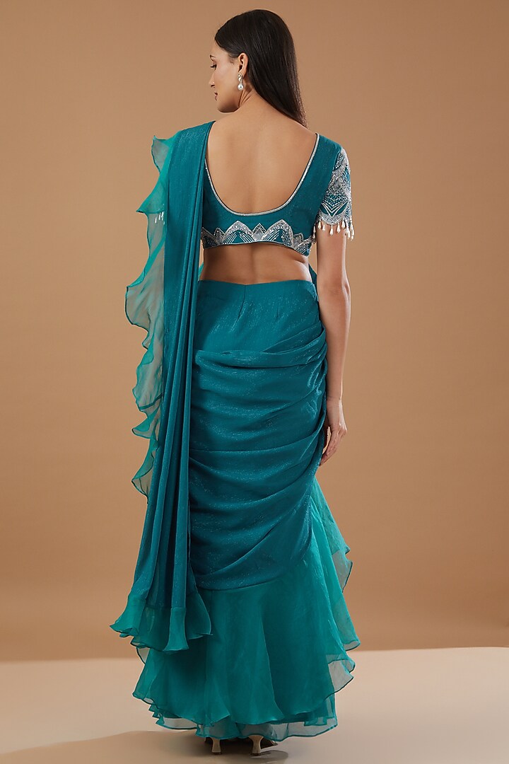 Blue Shimmer & Georgette Frilled Draped Wedding Saree Set by MERAKI BY POONAM SSANYAA at Pernia's Pop Up Shop