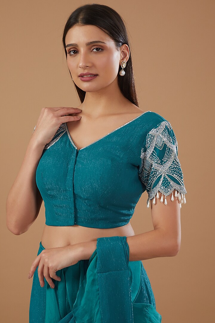 Blue Shimmer & Georgette Frilled Draped Wedding Saree Set by MERAKI BY POONAM SSANYAA at Pernia's Pop Up Shop