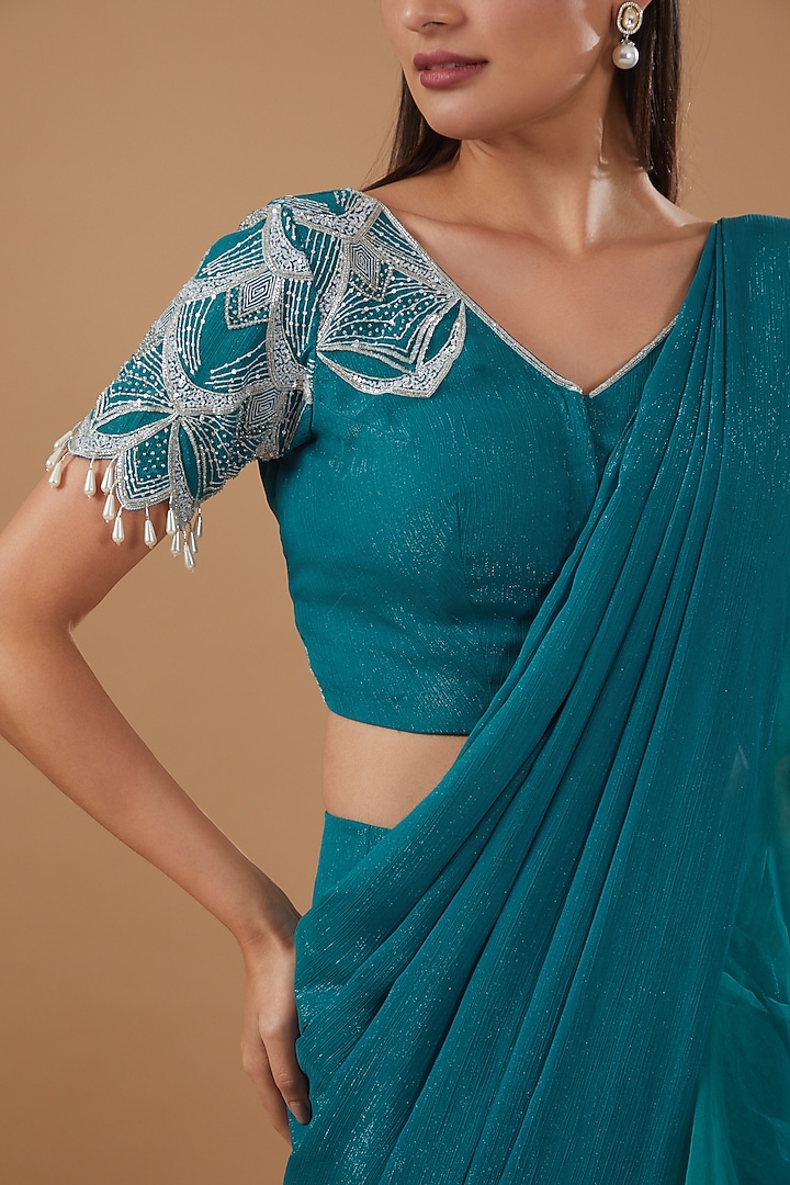 Blue Shimmer & Georgette Frilled Draped Wedding Saree Set by MERAKI BY POONAM SSANYAA at Pernia's Pop Up Shop