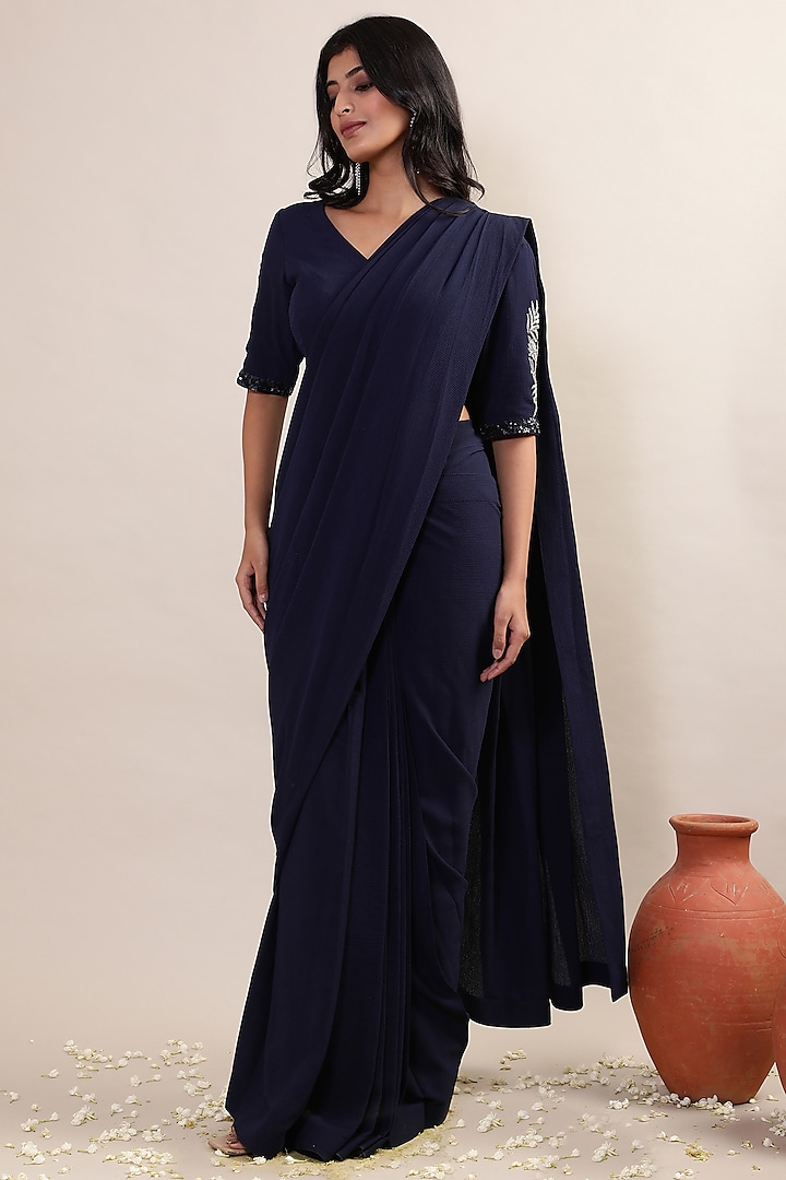 Blue Double Georgette Pleated Saree Set by MERAKI BY POONAM SSANYAA