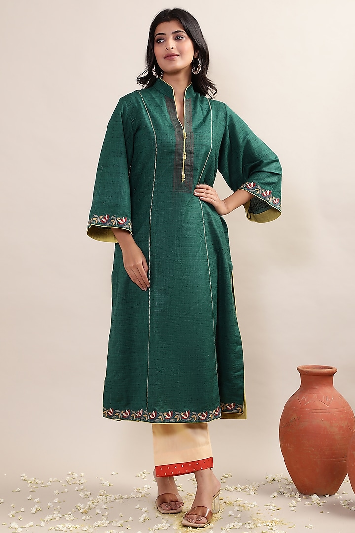 Bottle Green Khadi Cotton Embroidered Kurta Set by MERAKI BY POONAM SSANYAA