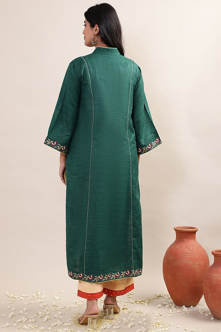 Bottle Green Khadi Cotton Embroidered Kurta Set by MERAKI BY POONAM SSANYAA at Pernia's Pop Up Shop
