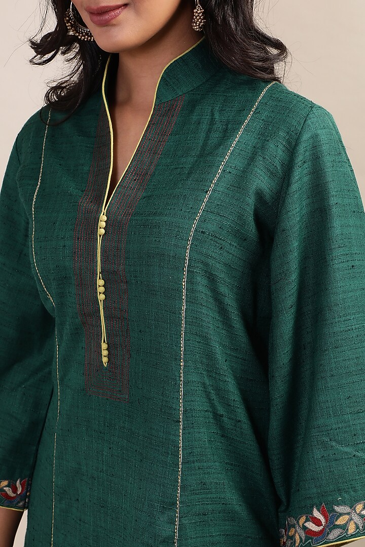 Bottle Green Khadi Cotton Embroidered Kurta Set by MERAKI BY POONAM SSANYAA at Pernia's Pop Up Shop