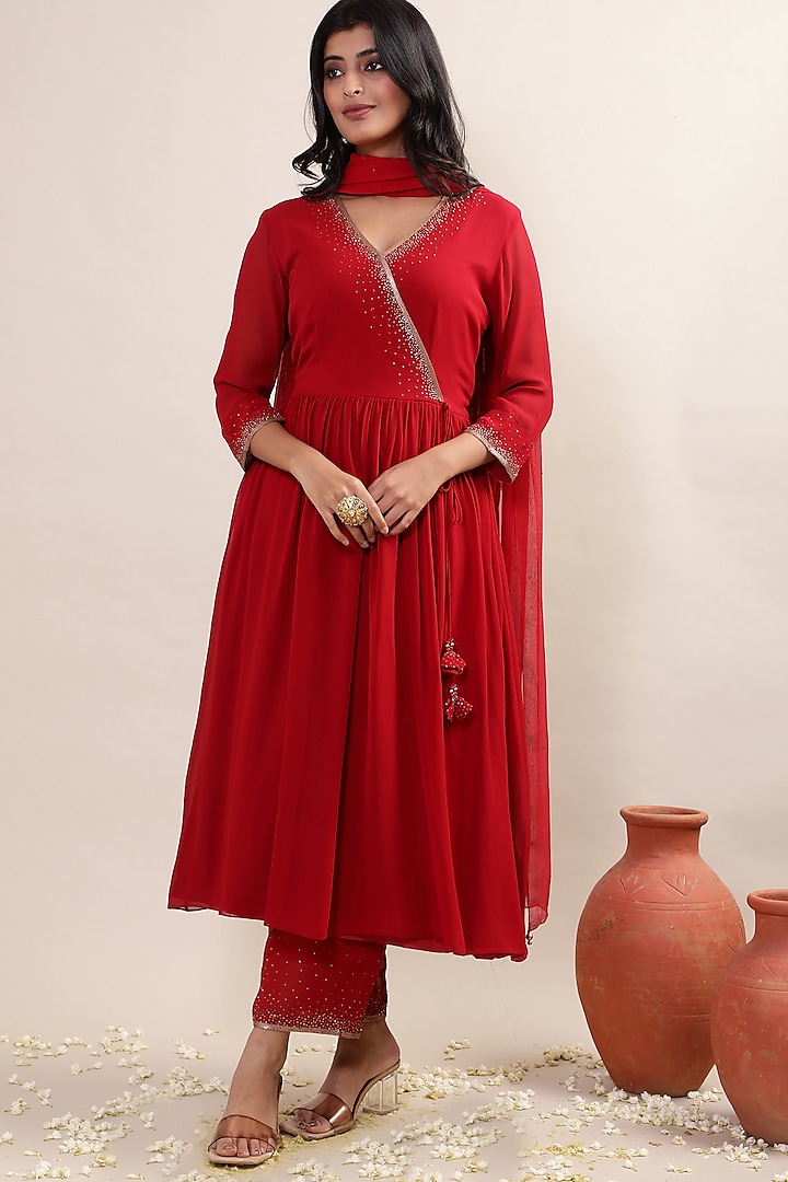 Red Georgette Embroidered Angrakha Anarkali Set by MERAKI BY POONAM SSANYAA