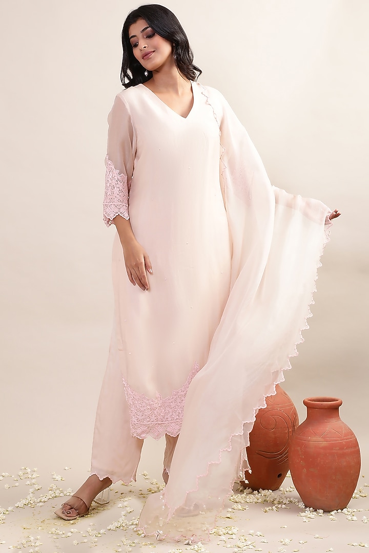 Baby Pink Organza Embroidered Kurta Set by MERAKI BY POONAM SSANYAA at Pernia's Pop Up Shop