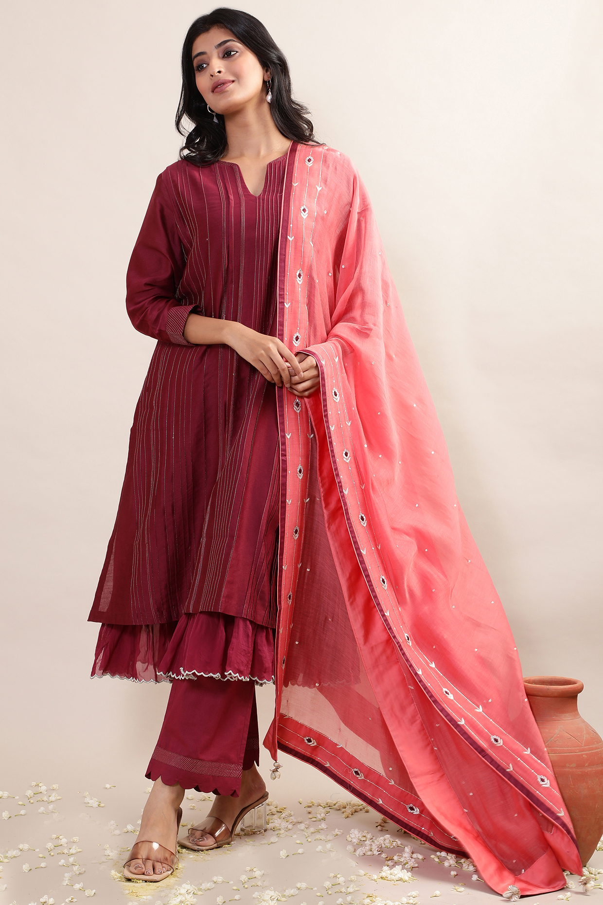Maroon Chanderi Mul Mul Embroidered Kurta Set by MERAKI BY POONAM SSANYAA at Pernia's Pop Up Shop