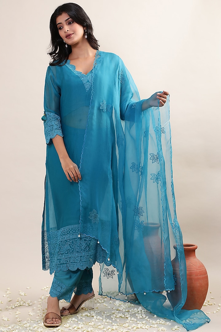 Peacock Blue Organza Embroidered Kurta Set by MERAKI BY POONAM SSANYAA at Pernia's Pop Up Shop