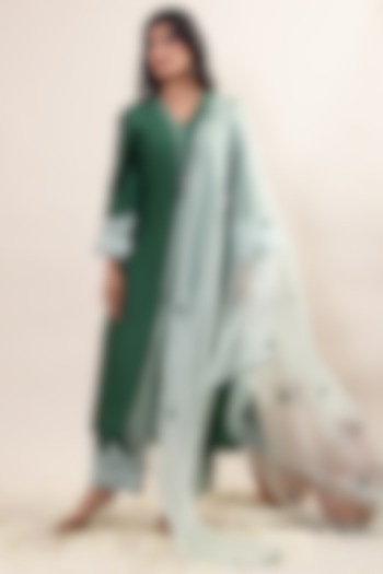 Bottle Green Chanderi Embroidered Kurta Set by MERAKI BY POONAM SSANYAA at Pernia's Pop Up Shop